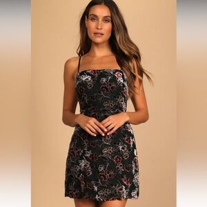 Lady in Love Black and Burgundy Floral Print Velvet Mini Dress
